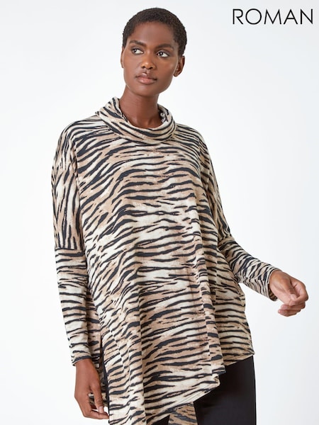 Roman Brown Animal Print Asymmetric Stretch Top (Q44886) | €18.50
