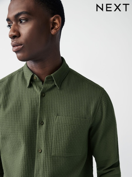 Verde - 100% Cotton Textured Țesătură de vafe Mânecă lungă Cămăși (Q45173) | 139 LEI