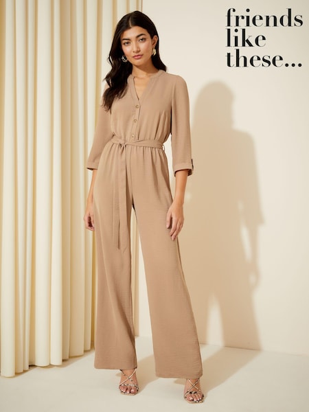 Friends Like These Stone Cream 3/4 Sleeve Belted Woven Wide Leg Jumpsuit (Q45337) | €13.50