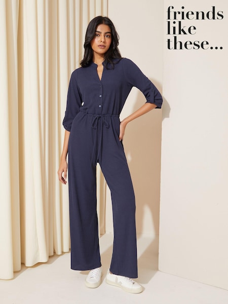 Friends Like These Navy Blue Jersey Long Sleeve Cinched Waist Jumpsuit (Q45363) | €13.50