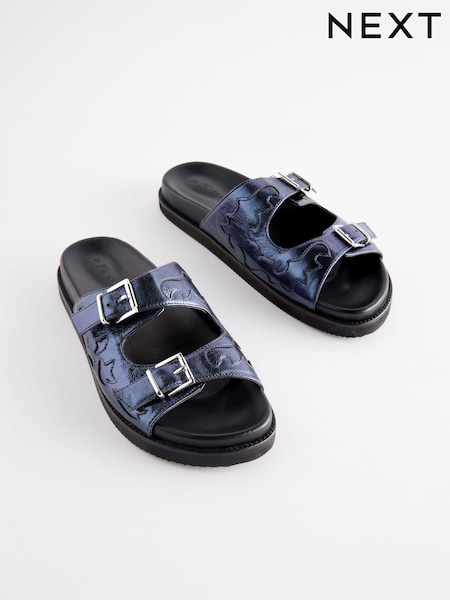 Navy Metallic Leather Western Footbed Sandals (Q45429) | €19.50