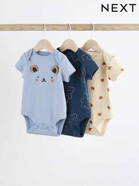 Marineblau mit Bär - Baby Rib 100% Cotton Bodysuits 3 Pack (Q45430) | 11 € - 12 €