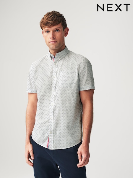 White 100% Cotton Linen Blend Printed Short Sleeve Oxford Shirt (Q45537) | €6