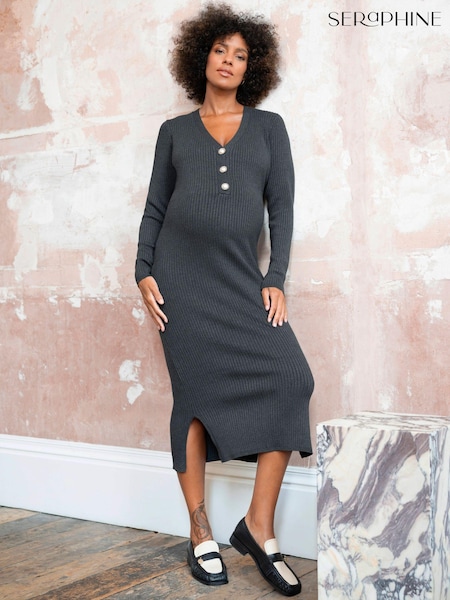 Seraphine Grey Rib Knit Maternity Dress With Pearl Buttons (Q45686) | €47.50