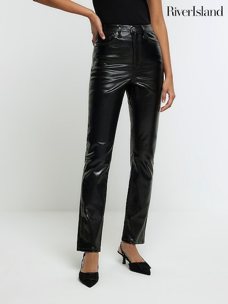 Dark Black - River Island High Rise Schmal geschnittene Straight beschichtete Jeans (Q45790) | 21 €