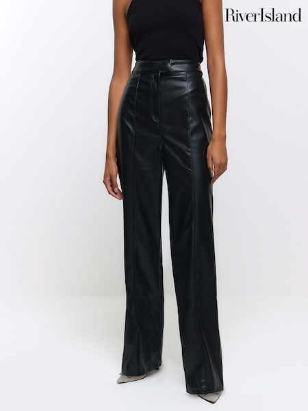 River Island Black High Rise Straight Leg Coated Trousers (Q45796) | €20