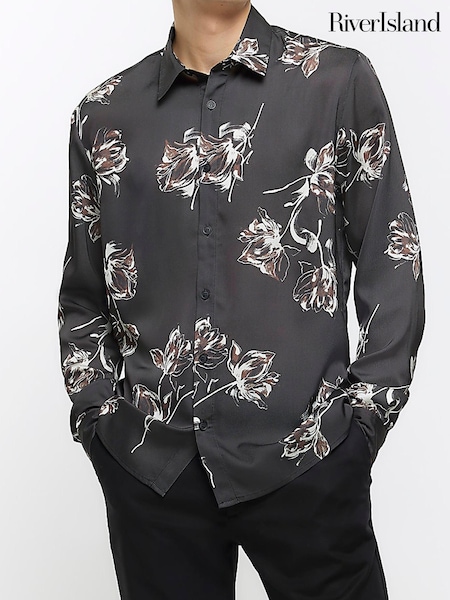 River Island Black Floral Sateen Linear Print Shirt (Q45799) | €25