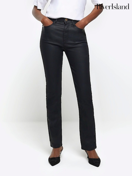 Schwarz - River Island High Rise Schmal geschnittene Straight beschichtete Jeans (Q45802) | 19 €
