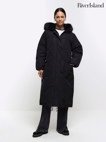 River Island Black Faux Fur Trim Parka (Q45870) | €59