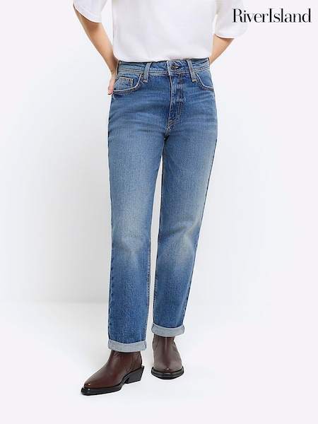 River Island Blue Petite High Rise Bum Sculpt Roll Hem Mom Jeans (Q45882) | €13