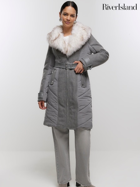 River Island Grey Faux Fur Collar Belted Jacket Jacket (Q45912) | €49