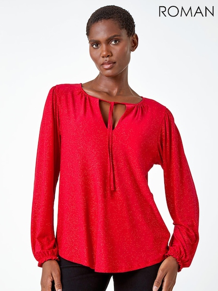 Roman Red Tie Detail Sparkle Stretch Jersey Top (Q45944) | €24