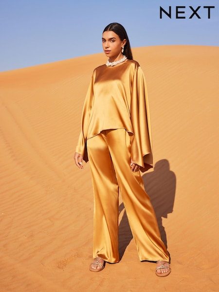 Gold Satin Elasticated Wide Leg Trousers (Q46037) | AED31