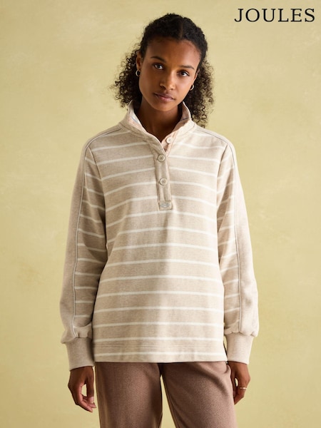 Joules Southwold Beige & White Cotton Button Down Striped Sweatshirt (Q46167) | kr856