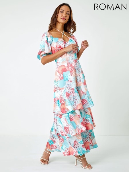 Roman White Floral Puff Sleeve Tiered Frill Maxi Dress (Q47330) | €41.50