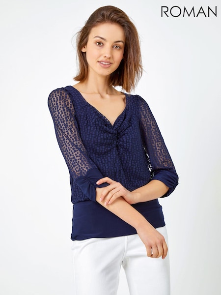 Roman Blue Textured Spot Print Blouson Top (Q47497) | €20