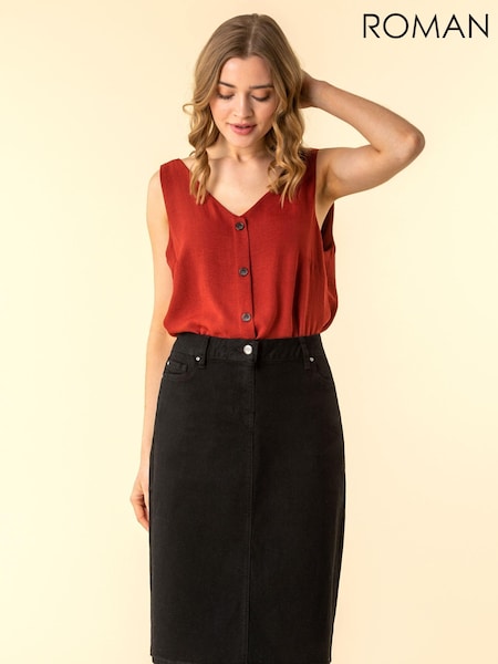 Roman Black A-Line Knee Length Denim Skirt (Q47559) | ₪201
