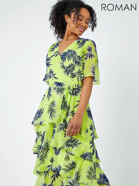 Roman Green Tropical Print Tiered Midi Dress (Q47612) | €26