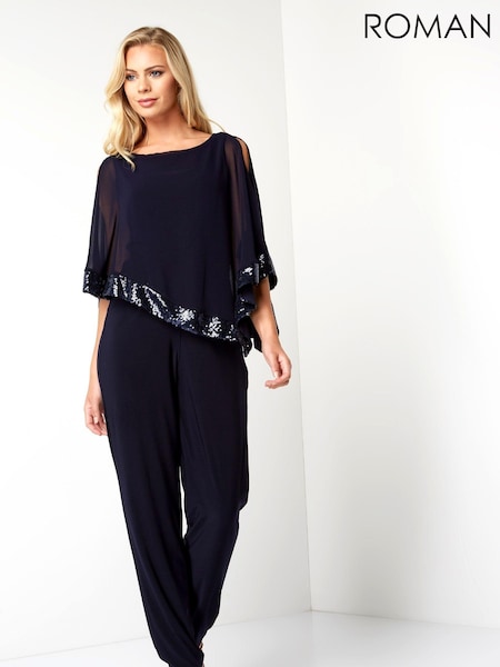 Roman Blue Sequin Trim Overlay Jumpsuit (Q47745) | €34