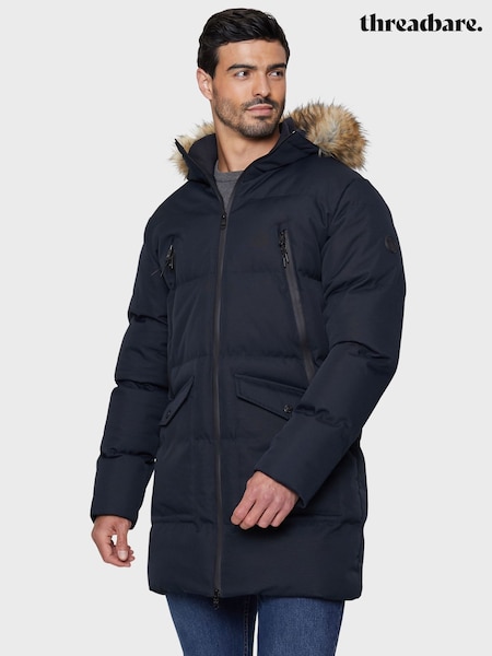 Threadbare Blue Faux Fur Trim Hooded Longline Padded Coat (Q48412) | AED249