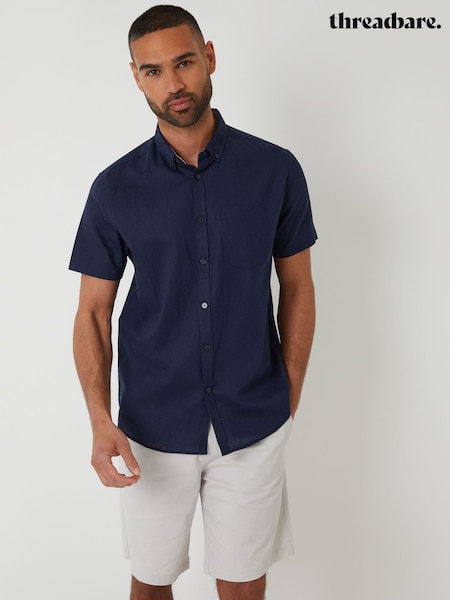 Bleumarin - Cămașă Threadbare cu mânecă scurtă din amestec cu in (Q48446) | 164 LEI