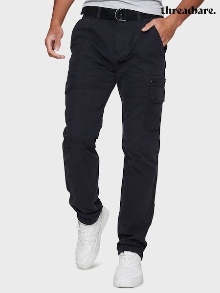 Threadbare Black Cotton Blend Belted Cargo Trousers (Q48460) | 178 QAR