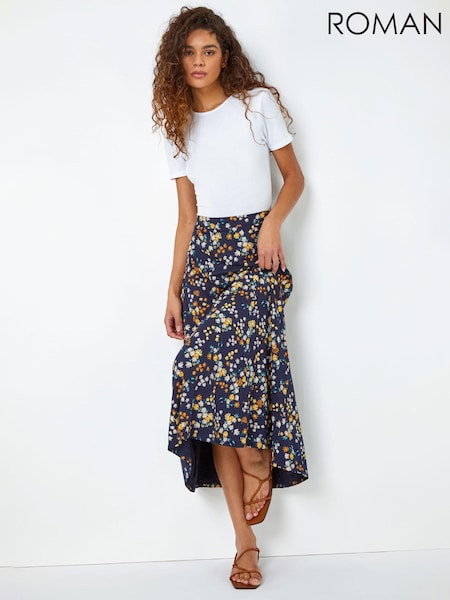 Roman Blue Ditsy Floral Print Midi Skirt (Q48501) | ₪201