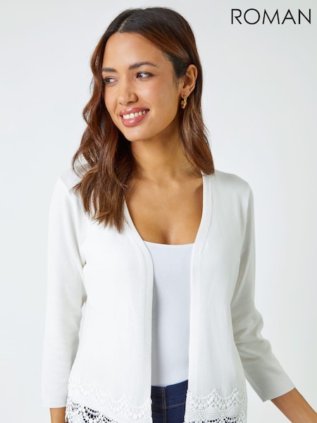 Roman White Scalloped Lace Trim Knitted Shrug (Q48530) | ₪201