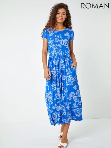 Bleu ciel - Roman Floral Print Midi Stretch Dress (Q48906) | €59