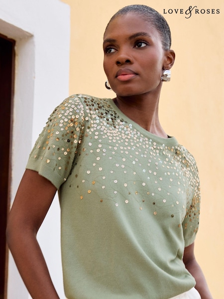 Verde - Love & Roses Mânecă scurtă Paiete Knited Top (Q48934) | 139 LEI