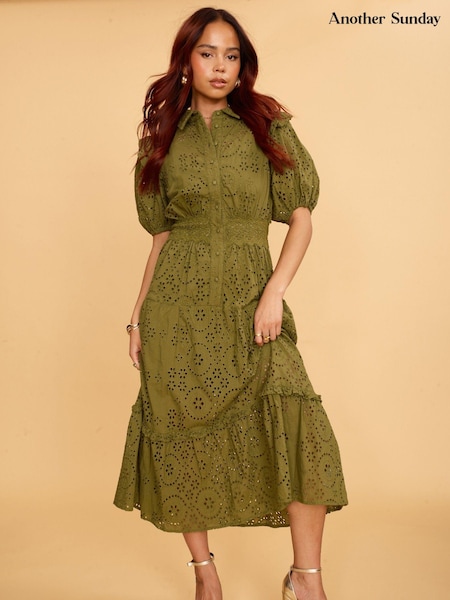 Another Sunday Green Midi Shirt Dress With Puff Sleeves And Broderie Detail (Q49003) | €43