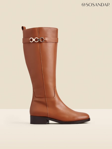 Sosandar Brown Leather Flat Knee High Boots With Metal Trim (Q49014) | AED961