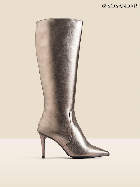Sosandar Grey Leather Stiletto Heel Knee High Boots (Q49039) | AED492