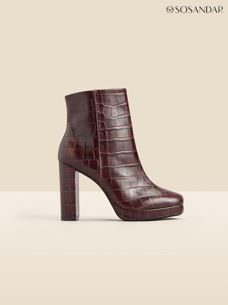 Sosandar Brown Croc Effect Leather Block Heel Platform Ankle Boots (Q49050) | AED404