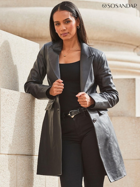Sosandar Black Leather Double Breasted Pocket Front Coat (Q49057) | €224