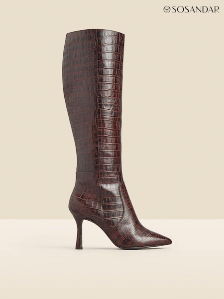 Sosandar Brown Croc Effect Leather Knee High Boots (Q49065) | 418 QAR