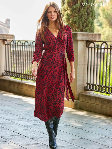 Sosandar Red Leopard Print Ruched Sleeve Midi Wrap Dress (Q49074) | €99