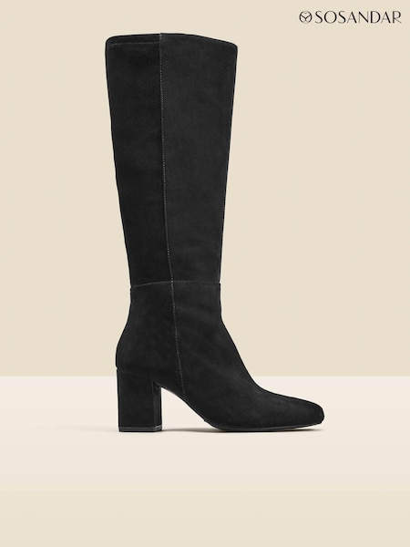 Sosandar Black Stretch Suede Low Block Heel Knee High Boots (Q49080) | AED961