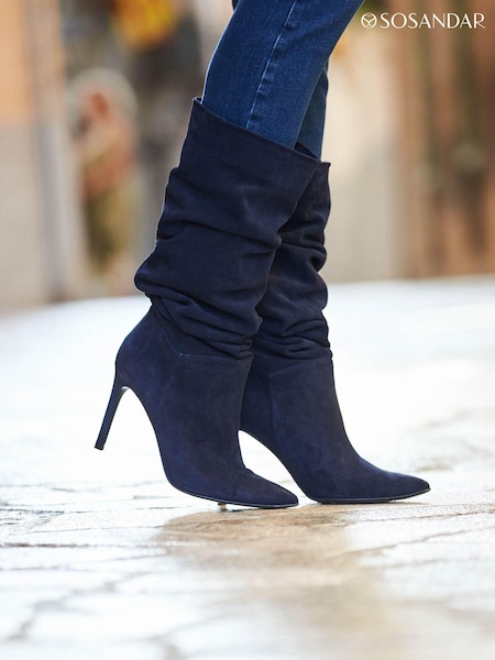 Sosandar Blue Suede Slouch Stiletto Heel Knee High Boots (Q49089) | AED480