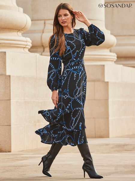 Sosandar Black Fluted Hem Fit and Flare Dress (Q49091) | 391 QAR