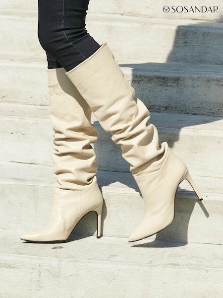 Sosandar Cream Belle Leather Slouch Stiletto Heel Knee High Boots (Q49102) | 383 QAR