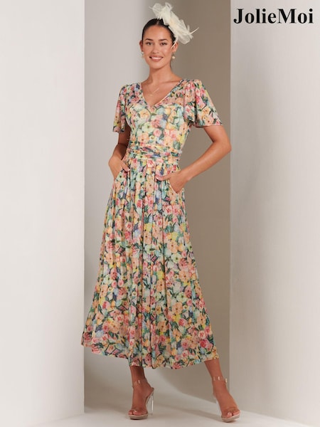 Jolie Moi Bianca V-Neck Pleated Mesh Maxi Dress (Q49540) | 304 LEI
