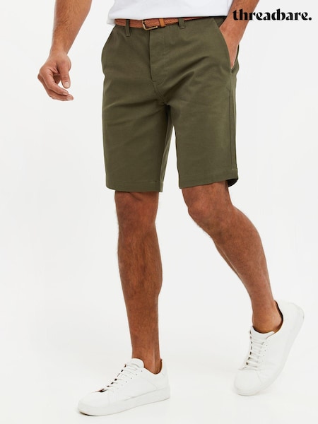 Threadbare Olive Green Cotton Stretch Turn-Up Chino Shorts with Woven Belt (Q49644) | 119 QAR