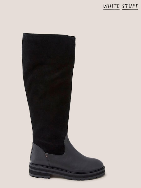 White Stuff Enya Leather Fur Knee Black Boots (Q49652) | €44