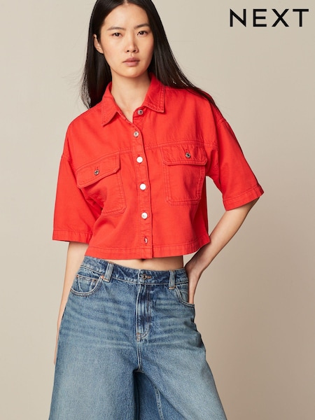 Red 100% Cotton Cropped Oversized Denim Shirt (Q49706) | €9
