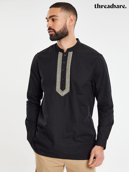 Threadbare Black Long Sleeved 100% Cotton Kurta Tunic Shirt (Q49733) | 134 QAR