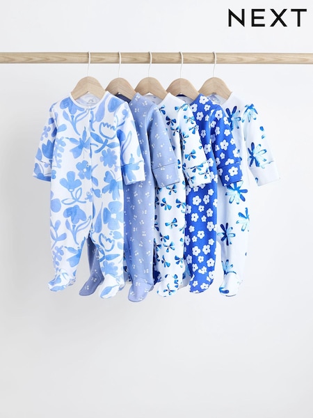 Blue Baby Footed 100% Cotton Sleepsuits 5 Pack (0mths-2yrs) (Q49840) | 100 QAR - 107 QAR
