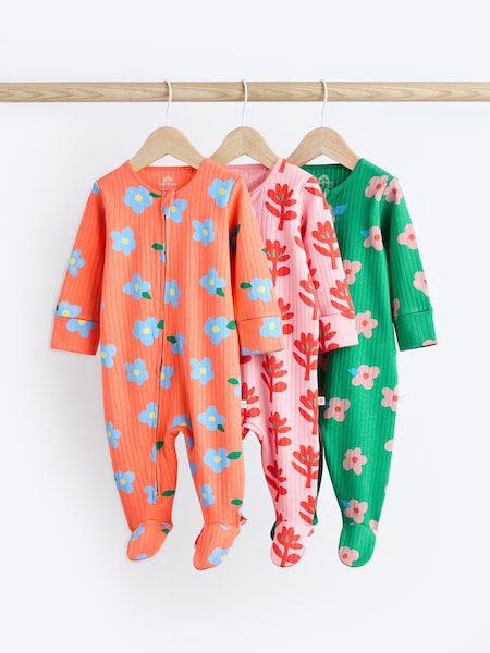 Oranžna - Baby Two Way Zip Floral Print 100% Cotton Sleepsuits 3 Pack (0mths-2yrs) (Q49844) | € 18 - € 20