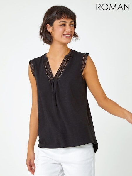 Roman Black Sleeveless Lace Trim 100% Cotton Top (Q49926) | ₪201
