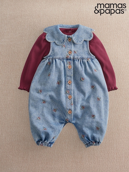 modra - Mamas & Papas Berry Denim Hlače z naramnicami & Komplet rebrastega bodija